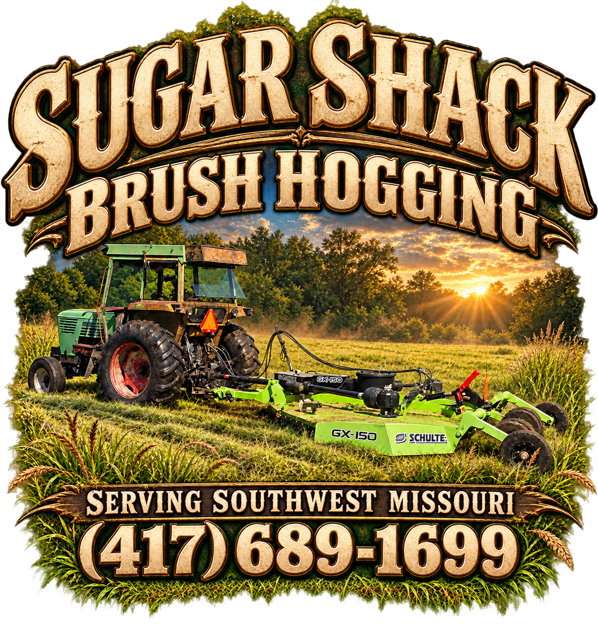 Sugar Shack Brush Hogging brand artwork featuring Lance's actual rig and phone number