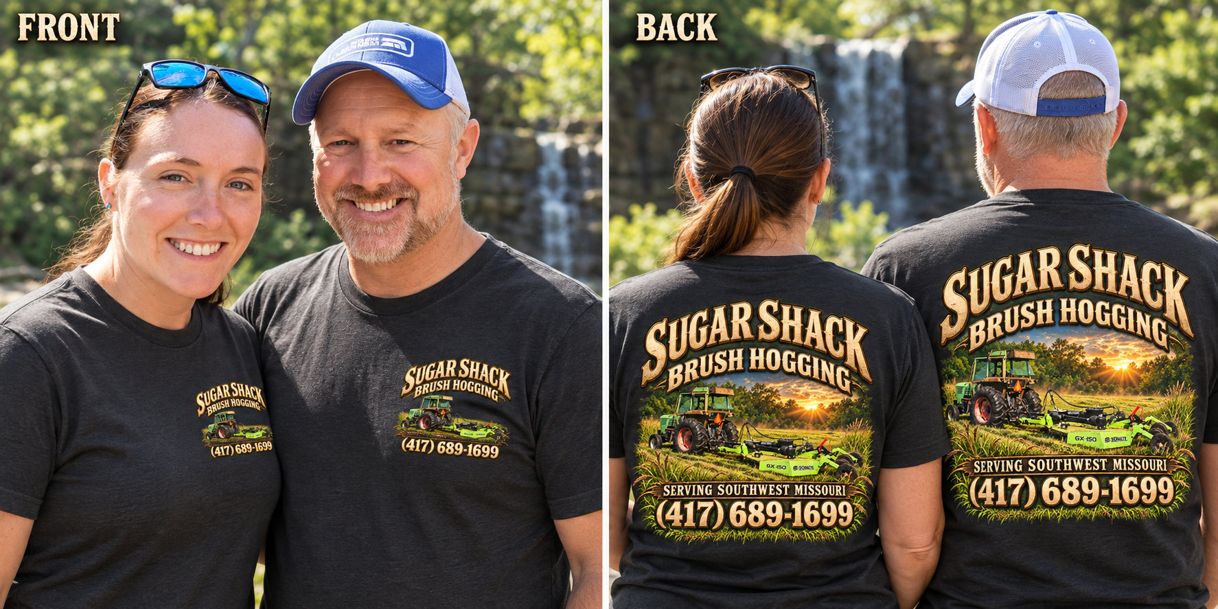 Lance and Allison modeling the matching Sugar Shack shirts, front and back